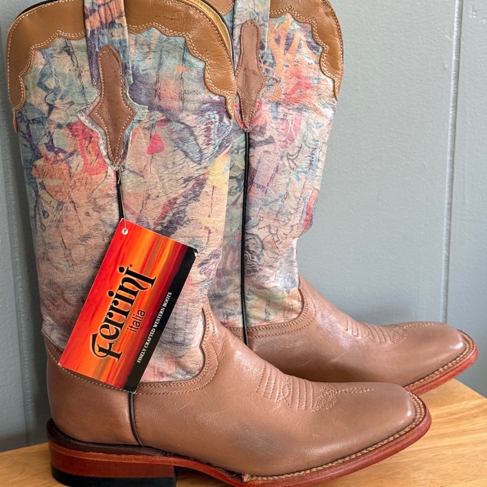 Ferrini Western Boots Abstract Leather Square Toe Cowgirl Boho Artsy Size 6 B